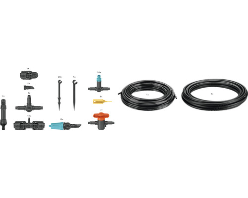 Záhradný zavlažovací systém s hadicami, spojkami a zemnými hrotmi na zavlažovanie záhrady