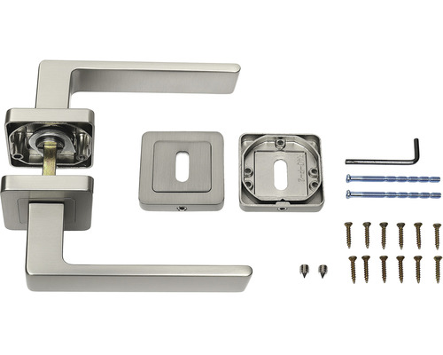 Sada kľučky ku dverám so štvorcovou rozetou a upevňovacím materiálom