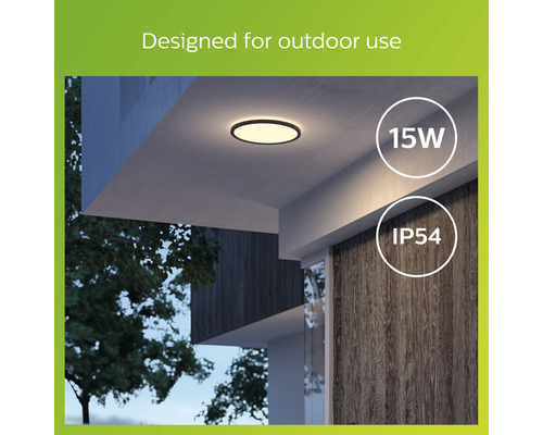 Guľaté stropné svietidlo s 15 wattmi a stupňom krytia IP54 pre vonkajšie použitie.