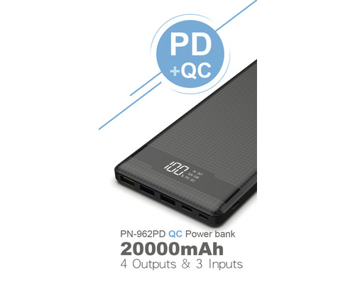 PN-962PD QC powerbanka s kapacitou 20000mAh, štyrmi výstupmi a tromi vstupmi