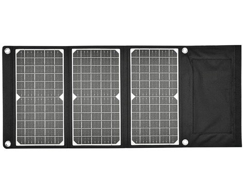 Skladací solárny modul s niekoľkými solárnymi článkami a upevňovacími okami