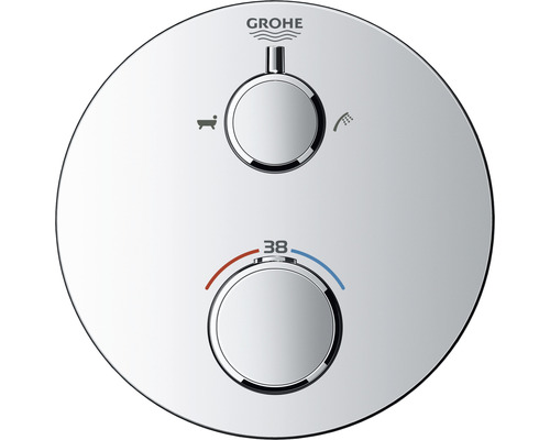 Logo Grohe na kruhovej sprchovej batérii s regulátorom teploty a funkciou vane alebo sprchy