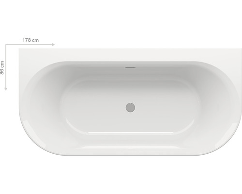 Pohľad zhora na obdĺžnikovú vaňu s rozmermi 178 x 86 centimetrov.