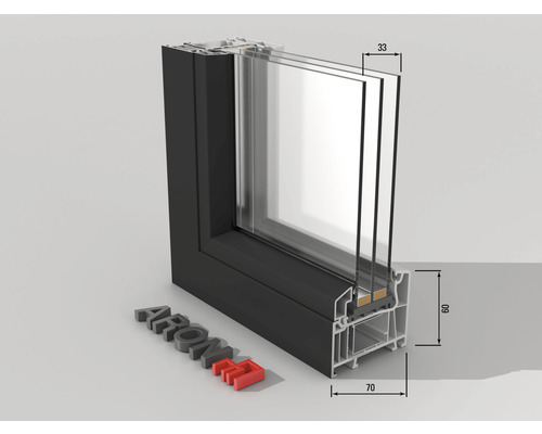Priečny rez čiernym oknom s trojitým zasklením a rozmermi