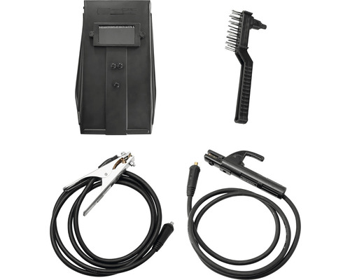 Zváračská kukla, drôtená kefa a súprava zváracích káblov