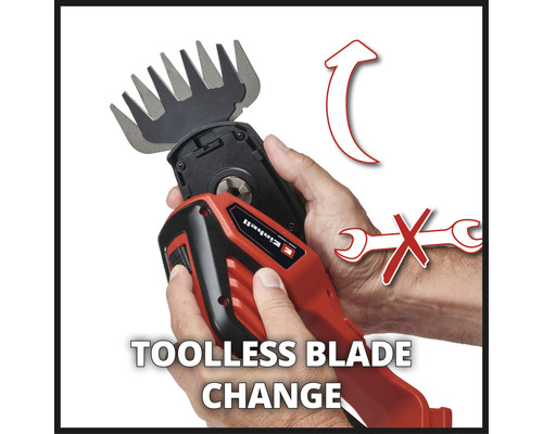 Logo spoločnosti Einhell. Obrázok znázorňuje výmenu nožníc na trávu bez použitia náradia.