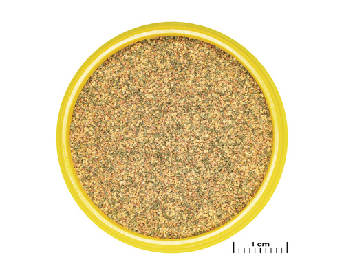 Pohľad zhora na piesok pre vtáky v žltej miske