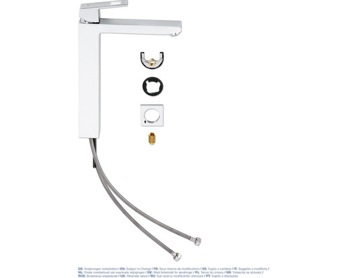 Umývadlová batéria v pohľade zhora s montážnym príslušenstvom a flexibilnými pripojovacími hadicami.