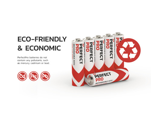 Batérie PerfectPro so symbolom recyklácie a informáciami o škodlivých látkach