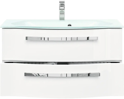 Skrinka pod umývadlo so skleneným umývadlom, batériou a dvomi zásuvkami