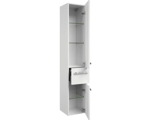 Biela vysoká kúpeľňová skrinka so zásuvkou a otvorenými dverami