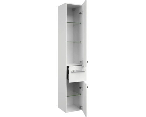 Kúpeľňová skrinka s dvierkami, zásuvkou a sklenenými policami