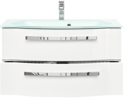 Skrinka pod umývadlo s dvomi zásuvkami, sklenené umývadlo a batéria