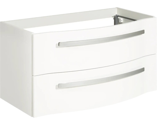 Biela skrinka pod umývadlo s dvomi zásuvkami a úchytkami