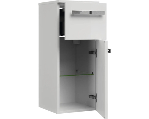 Biela závesná vysoká skrinka s dvierkami a zásuvkou do kúpeľne