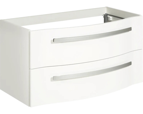 Biela skrinka pod umývadlo s dvomi zásuvkami a úchytkami