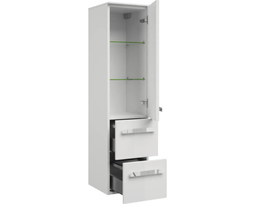 Vysoká skrinka s dvierkami, dvoma zásuvkami a sklenenými policami