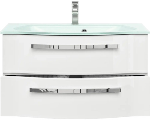 Biela skrinka pod umývadlo s dvoma zásuvkami, skleneným umývadlom a vodovodnou batériou.