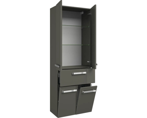 Sivá kúpeľňová vysoká skrinka s policami, zásuvkou a dvierkami