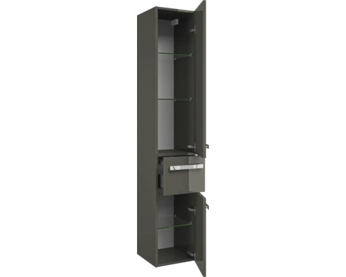 Otvorená kúpeľňová vysoká skrinka so zásuvkou a sklenenými policami