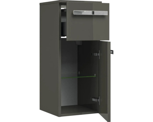 Otvorená vysoká skrinka s dvierkami a jednou sklenenou policou