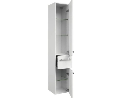 Vysoká kúpeľňová skrinka s dvomi dvierkami, zásuvkou a sklenenými policami