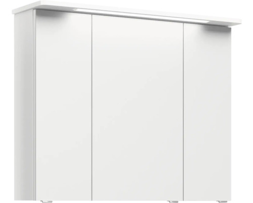 Biela kúpeľňová skrinka s tromi dvierkami a integrovaným osvetlením