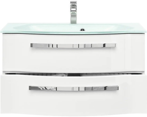 Skrinka pod umývadlo s dvomi zásuvkami, sklenené umývadlo a vodovodná batéria