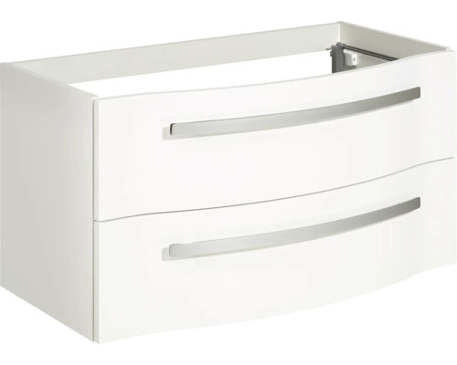 Biela skrinka pod umývadlo s dvomi zásuvkami a striebornými úchytkami