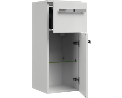 Kúpeľňová vysoká skrinka so zásuvkou a dvierkami, vnútorná sklenená polica