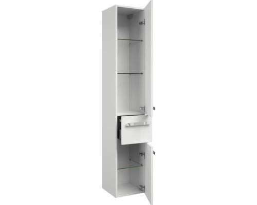 Vysoká skrinka so zásuvkou a otvorenými dvierkami so sklenenými policami do kúpeľne