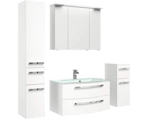 Súprava kúpeľňového nábytku s vysokou skriňou, závesnou skriňou, umývadlom s umývadlovou skrinkou