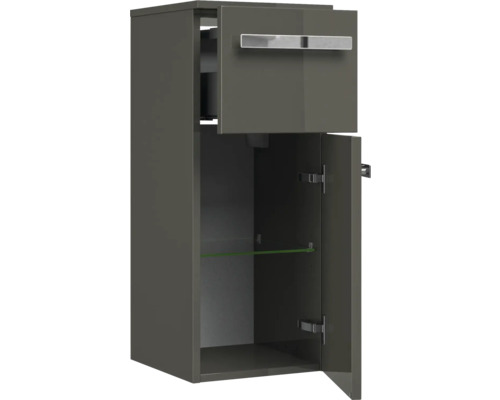 Vysoká skrinka s dvierkami, zásuvkou a sklenenou policou do kúpeľne