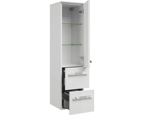 Biela vysoká kúpeľňová skrinka s otvorenými dvierkami, sklenenými policami a dvoma zásuvkami