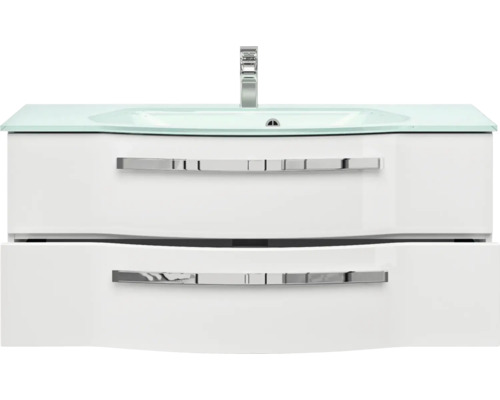 Skrinka pod umývadlo s dvomi zásuvkami a skleneným umývadlom