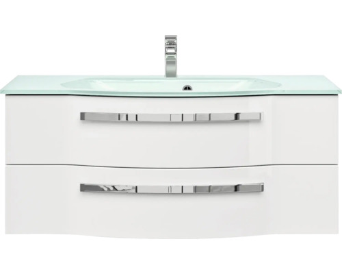 Skrinka pod umývadlo s dvomi zásuvkami, sklenené umývadlo a vodovodná batéria