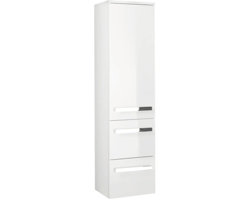 Biela vysoká skriňa s tromi zásuvkami a úchytkami