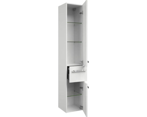 Otvorená biela vysoká kúpeľňová skrinka so sklenenými policami a zásuvkou