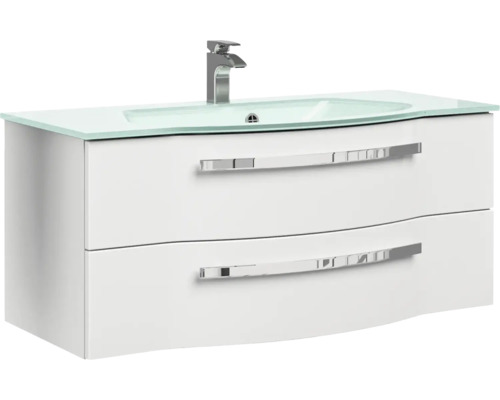 Biela umývadlová skrinka s dvomi zásuvkami, sklenenou doskou a batériou