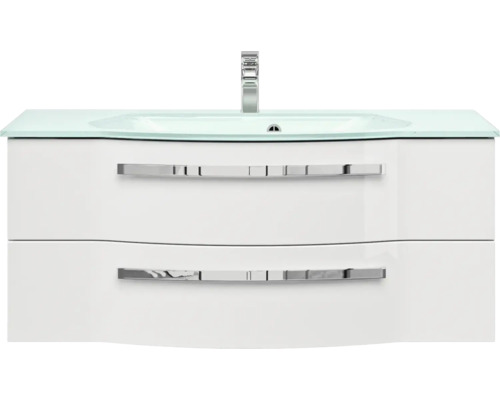 Skrinka pod umývadlo so skleneným umývadlom a dvoma zásuvkami