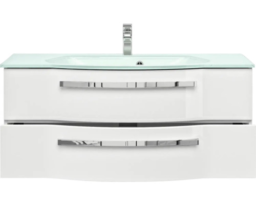 Skrinka pod umývadlo s dvomi zásuvkami, sklenené umývadlo a batéria