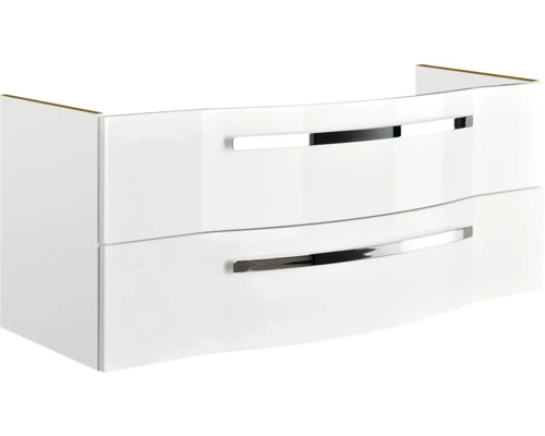 Biela skrinka pod umývadlo s dvoma zásuvkami a kovovými úchytkami