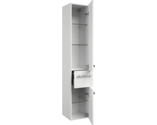 Vysoká skrinka s otvorenými dverami, zásuvkou a sklenenými policami do kúpeľne