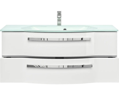 Skrinka pod umývadlo s dvomi zásuvkami a skleneným umývadlom