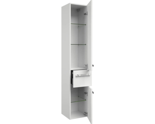 Biela kúpeľňová vysoká skrinka s otvorenými dverami, zásuvkou a sklenenými policami