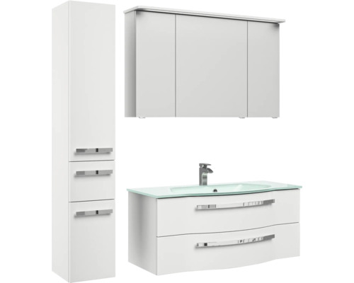 Biela kúpeľňová nábytková zostava s umývadlom, zrkadlovou skrinkou a vysokou skriňou