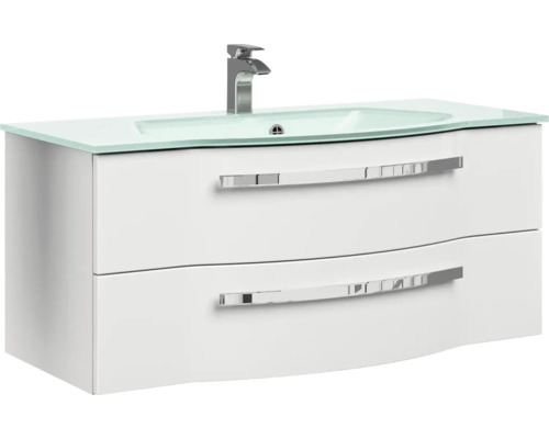 Biela skrinka pod umývadlo s dvomi zásuvkami, sklenené umývadlo a vodovodná batéria