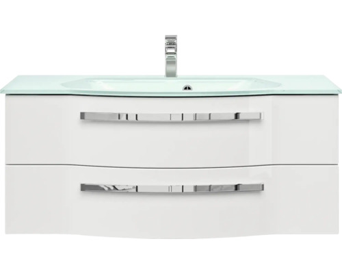 Skrinka pod umývadlo s dvomi zásuvkami, sklenené umývadlo a vodovodná batéria