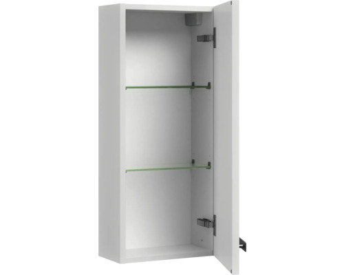 Otvorená biela zrkadlová skrinka s dvoma sklenenými policami do kúpeľne