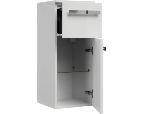 Biela kúpeľňová závesná skrinka so zásuvkou a otvorenými dverami so sklenenou policou